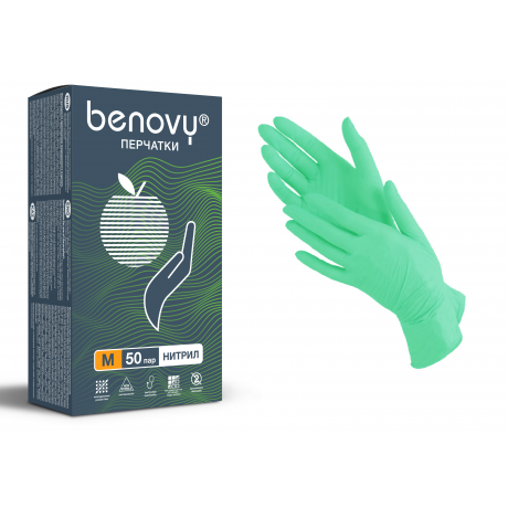 Перчатки нитрил, 100шт, Зелёные Benovy S (6-7)